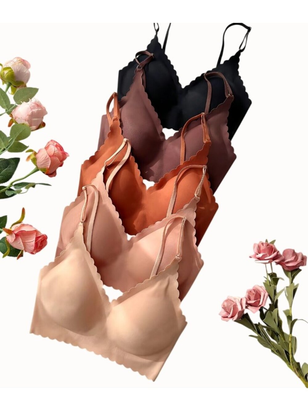 Set Of 5 Women's Wireless Scalloped Edge Bras Size L Black Ivory Pink/Beige Rust